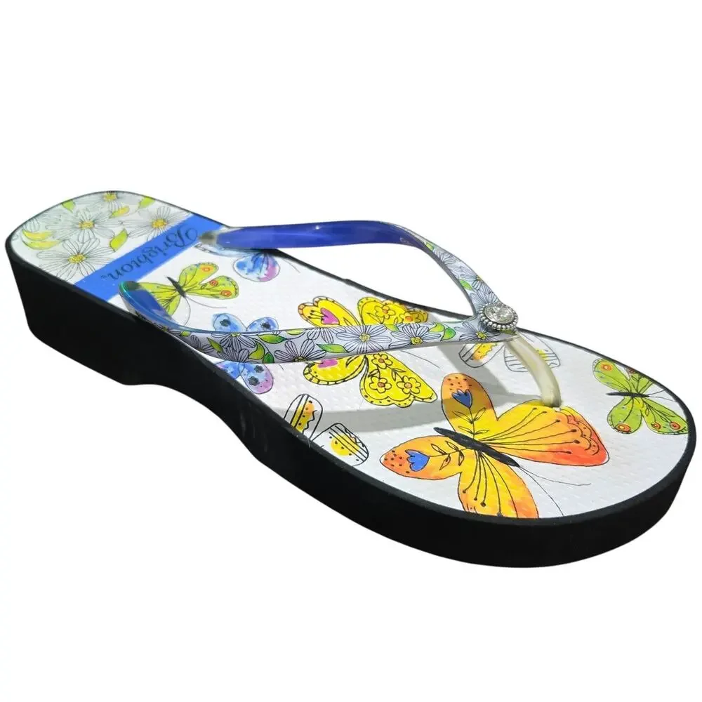 Brighton Breeze Platform Flip Flops Butterflies & Daisies NEW Size 10 #939 - Picture 3 of 10